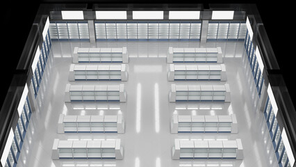 Top view of the trading floor with white blue slatwall gondola shelving rows, blank slatwall cabinets against the wall and wall banners. 3d illustration isolated on black
