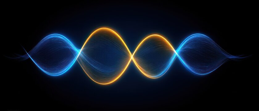 An abstract image of intertwined, glowing, sine-wave-like formations in blue and gold