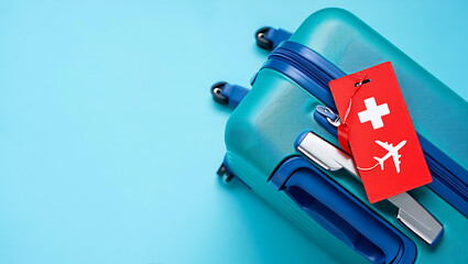A travel concept for Switzerland, featuring a blue suitcase with a Swiss flag luggage tag.