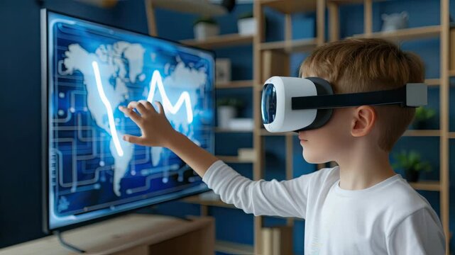Child engages with advanced virtual reality technology, reaching out to touch visuals on an interactive screen while learning
