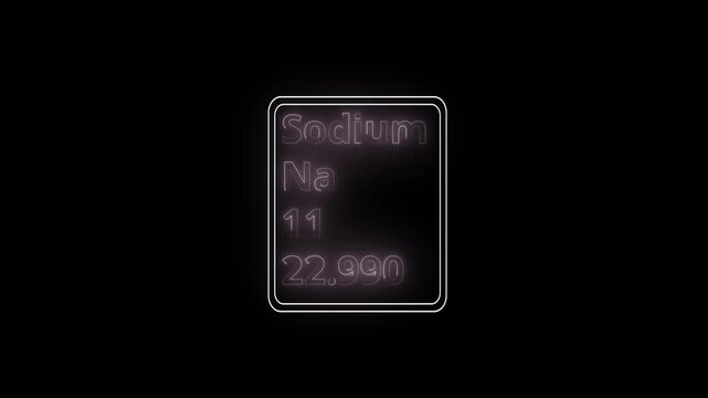 Glowing neon Sodium element animation. Neon Sodium element animated on black background. 4k