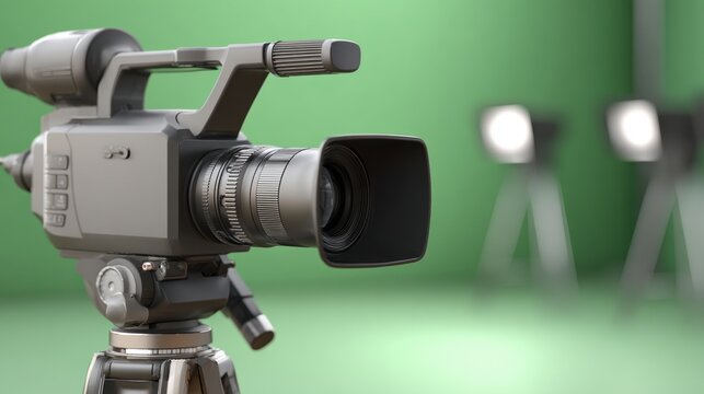 Close-up of studio video camera facing green screen background. Professional production gear prepared for recording, broadcasting and chroma key editing