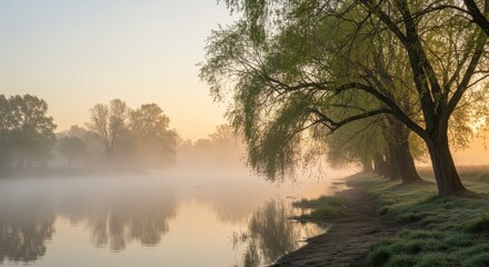Serene row of trees lines the misty riverbank at sunrise