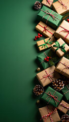 An elegant Christmas vertical border with rustic gift boxes, pine cones, and fir branches on a dark green background.