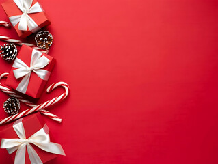 A classic Christmas background with a side border of white-bowed gifts and candy canes on a red surface.