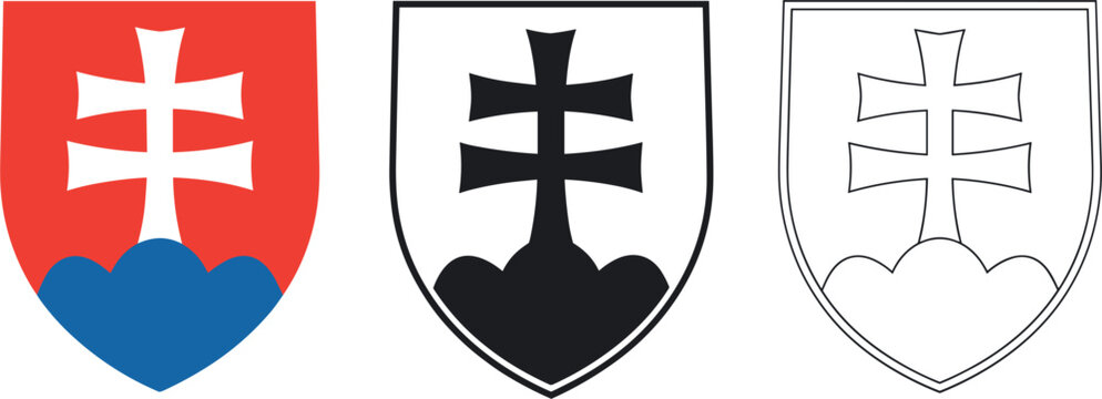 slovakia, coat of arms, national Slovak republic national coat of arms symbol in color, solid black, and outline versions, isolated on white background, representing national identity and sovereignty.
