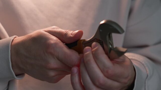 A mechanic holding an adjustable wrench.
A mechanic holding a wrench.
Plumber's equipment.
Fixing a breakdown with a wrench.