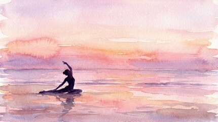 Yoga at Sunset Beach Watercolor