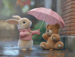 Cute Bunny and Bear Sharing an Umbrella Illustration