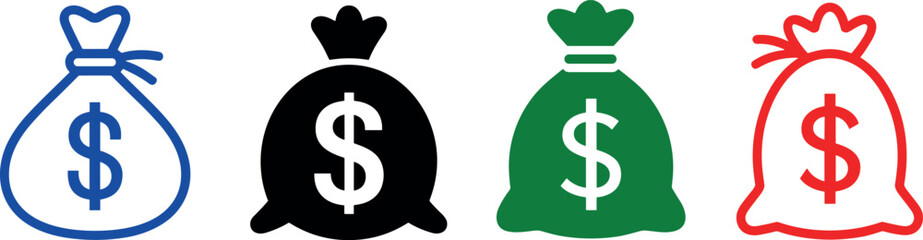 Four colorful money bag icons with dollar signs representing finance, wealth money bag, dollar, finance, icon, currency