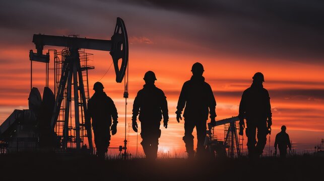 Oil rigs stand tall with workers silhouetted against an orange sky. The industrial view shows machinery power and the vast working field.