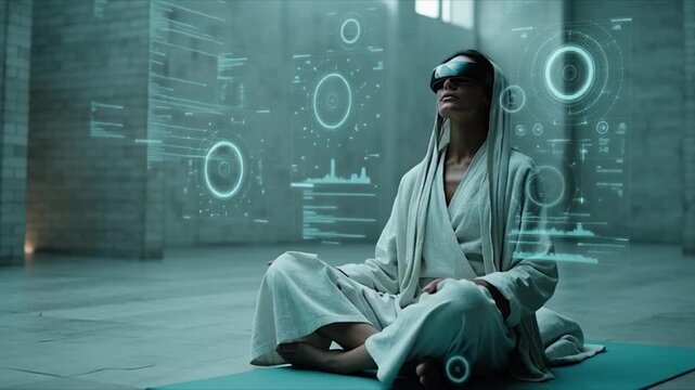Woman Immersed in Virtual Reality - A Futuristic Meditation Experience.