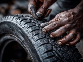 Skilled hands are focused on cleaning tire surfaces, showcasing texture in natural lighting. This moment captures the essence of vehicle maintenance and care