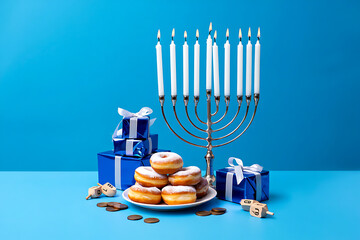 A Hanukkah celebration scene with a fully lit menorah, a stack of donuts, and blue gift boxes.