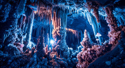 Illuminated cave interior with stalactites stalagmites and mushrooms under a blue light glow effect ai generated