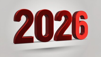 4 Bold red 4D &ldquo;2026&rdquo; with glossy highlights, isolated on a plain light grey
