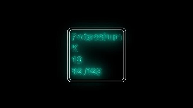 Glowing neon Potassium element animation. Neon Potassium element animated on black background. 4k