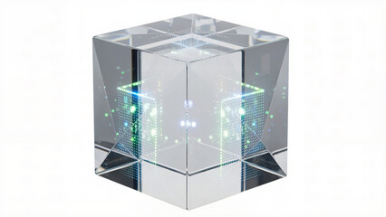 A transparent cube with glowing green digital elements inside it