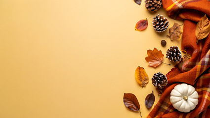 An elegant autumn flat lay with a corner border of fall leaves, pine cones, and a white pumpkin on a yellow background.