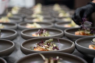 A gloved chef meticulously adds vibrant microgreens to individual portions of a gourmet appetizer, lined up on a metal kitchen counter.