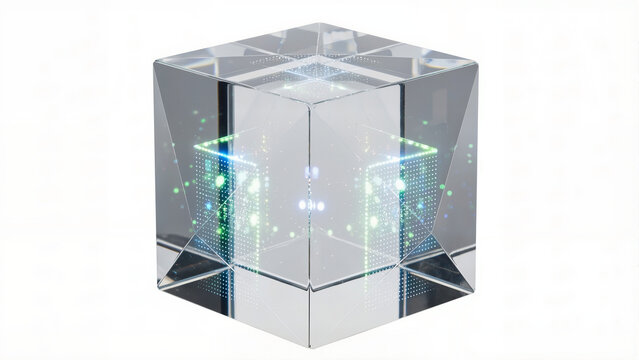 A transparent cube with glowing green digital elements inside it