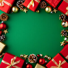 A festive and full Christmas frame with red gift boxes, golden ornaments, and fir branches on a dark green background.