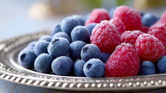 Fresh frozen blueberries and raspberries shimmer under sunlight, arranged beautifully on an elegant silver plate, showcasing their vibrant colors and frost