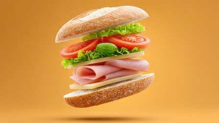 Fresh layers of lettuce, tomatoes, ham, and cheese create a colorful deconstructed French sandwich, all floating against a warm orange backdrop