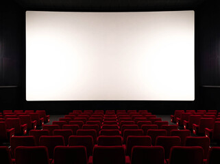 Blank white cinema screen mockup in movie theater front view centered flat projection empty copy space auditorium hall entertainment film video design presentation template
