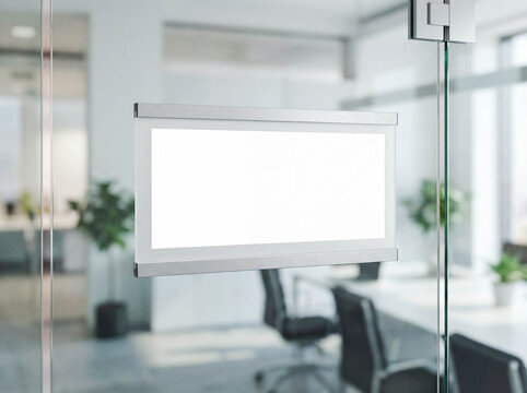 Blank white door sign mockup on glass office wall front view centered flat plate empty copy space signage business company logo name nameplate design presentation template