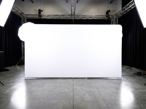 Blank white press wall banner mockup step and repeat stand front view centered flat backdrop empty copy space red carpet event photo zone design presentation template