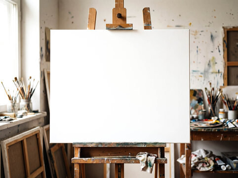 Blank white canvas mockup on wooden easel art studio background front view centered flat painting empty copy space artist drawing gallery design presentation template