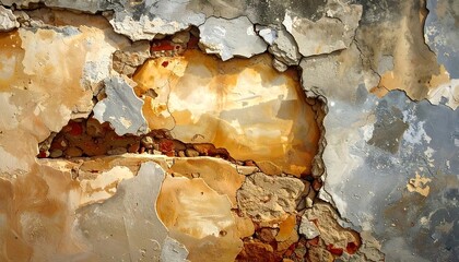 Eroded wall Paint peels revealing brick. Weathered textures display age and decay. Light reflects on exposed layers