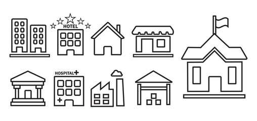 Building icon set. building flat featuring office, hospital, mall, factory, and various urban building for real estate presentations, map, app, navigation interfaces, and city planning. png and vector