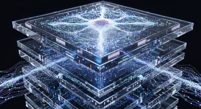 Abstract digital network of glowing lines and circuits on stacked glass layers image - Powered by Adobe