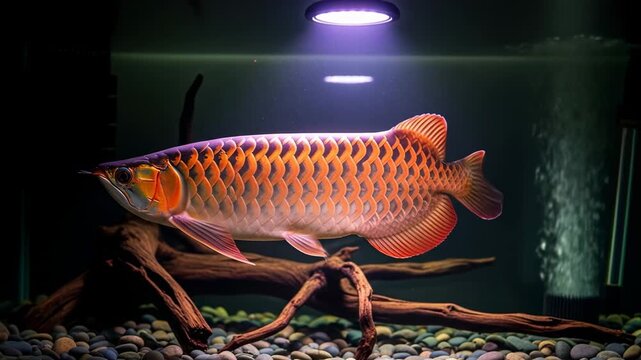 Captivating Arowana splendens fish swimming gracefully in a dark aquarium, an underwater jewel