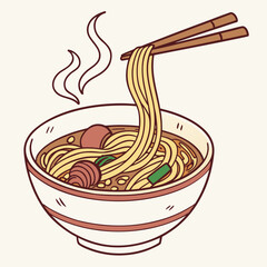 Illustration of a bowl of noodle soup with chopsticks picking up noodles.