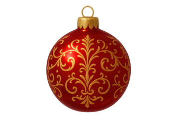 Red christmas ornament with golden filigree pattern, elegant holiday bauble for festive seasonal decoration, transparent background