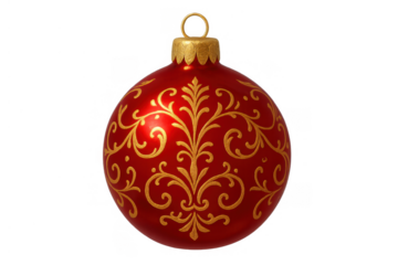 Red christmas ornament with golden filigree pattern, elegant holiday bauble for festive seasonal decoration, transparent background