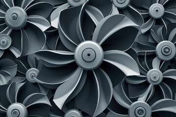Close up of many metal fan blades arranged in a pattern