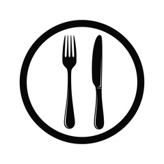 A simple black and white icon of a fork and knife inside a circle, isolated on