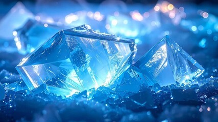Macro Video of Sparkling Blue Ice Crystals and Geometric Ice Formations with Bokeh Background - Powered by Adobe