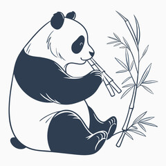 Monochrome Panda Eating Bamboo Illustration with Detailed Line Work.