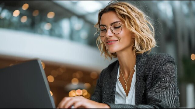 Focused Professionalism: A woman, radiating intelligence and focus, engages with her laptop, embodying the modern professional in a dynamic work environment. 
