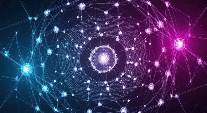 Abstract glowing network of nodes and lines with binary code image