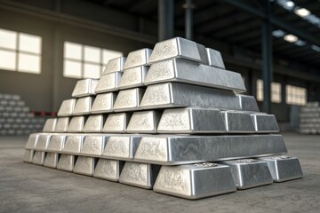 Large stack of shiny metal ingots in a warehouse