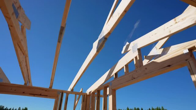 Static, low-angle video: modern home's intricate light wood timber framing, joists and rafters against blue sky, razor-sharp shadows. Concept of structural integrity