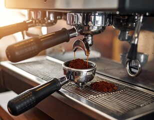 Espresso machine brews fresh coffee, golden light illuminating the process, capturing the rich, dark essence of the brew