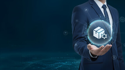 "Business Professional Holding Transparent Cube Hologram — Digital Product Packaging, 3D Icon, Enterprise Tech and Blockchain Concept"

