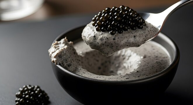 spoon of black garlic foam topped with black caviar, for fine dining restaurant menus, gourmet blogs, luxury food
